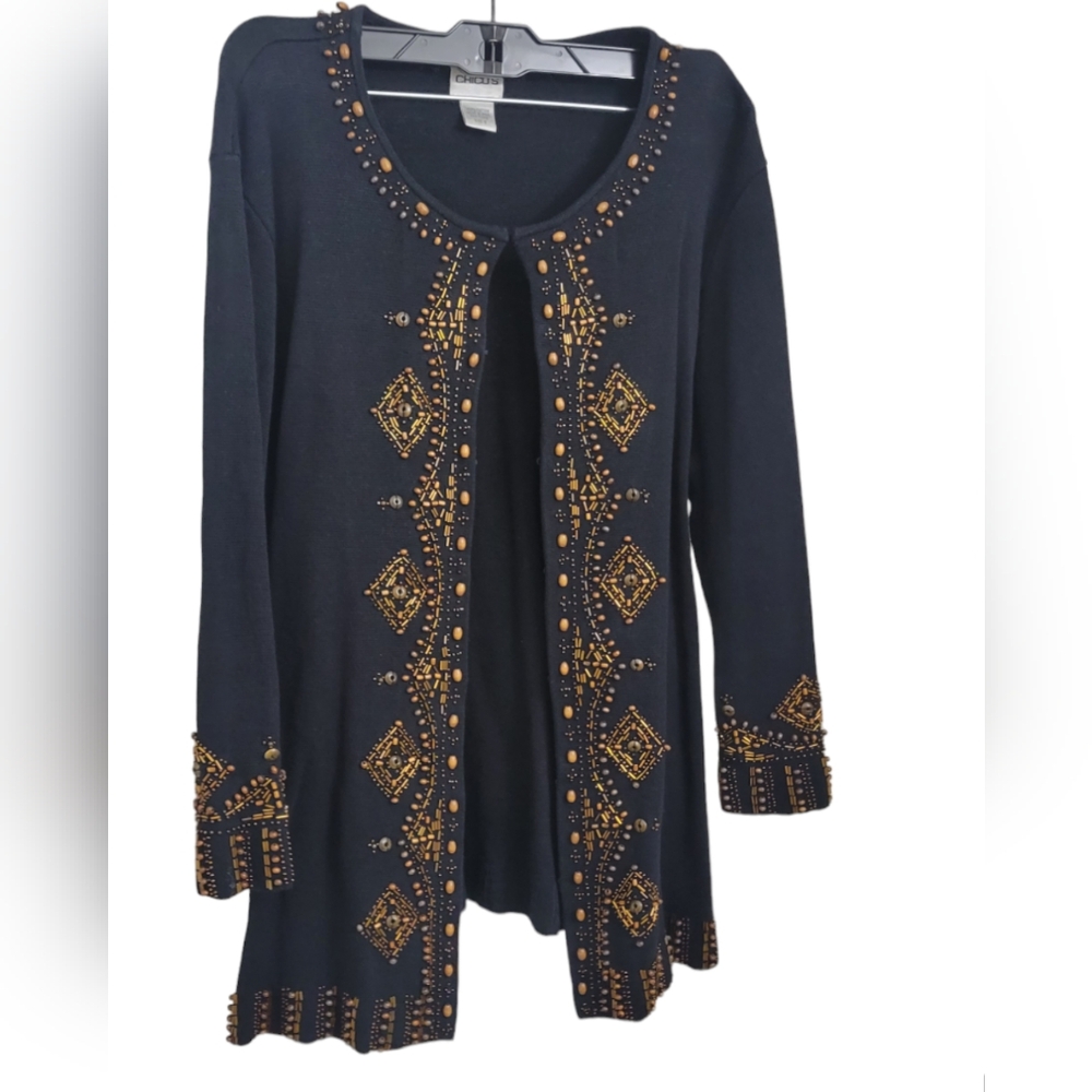 chicos Womens sz3 Cardigan Sweater Black gold cotton Beaded Appliqué Vintage